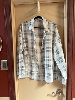Women’s Black & White Plaid Button-Down Shirt Sheer